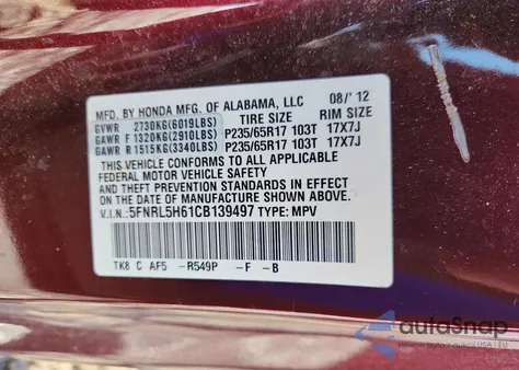 2012 Honda Odyssey Exl from USA, damaged, VIN 5FNRL5H61CB139497